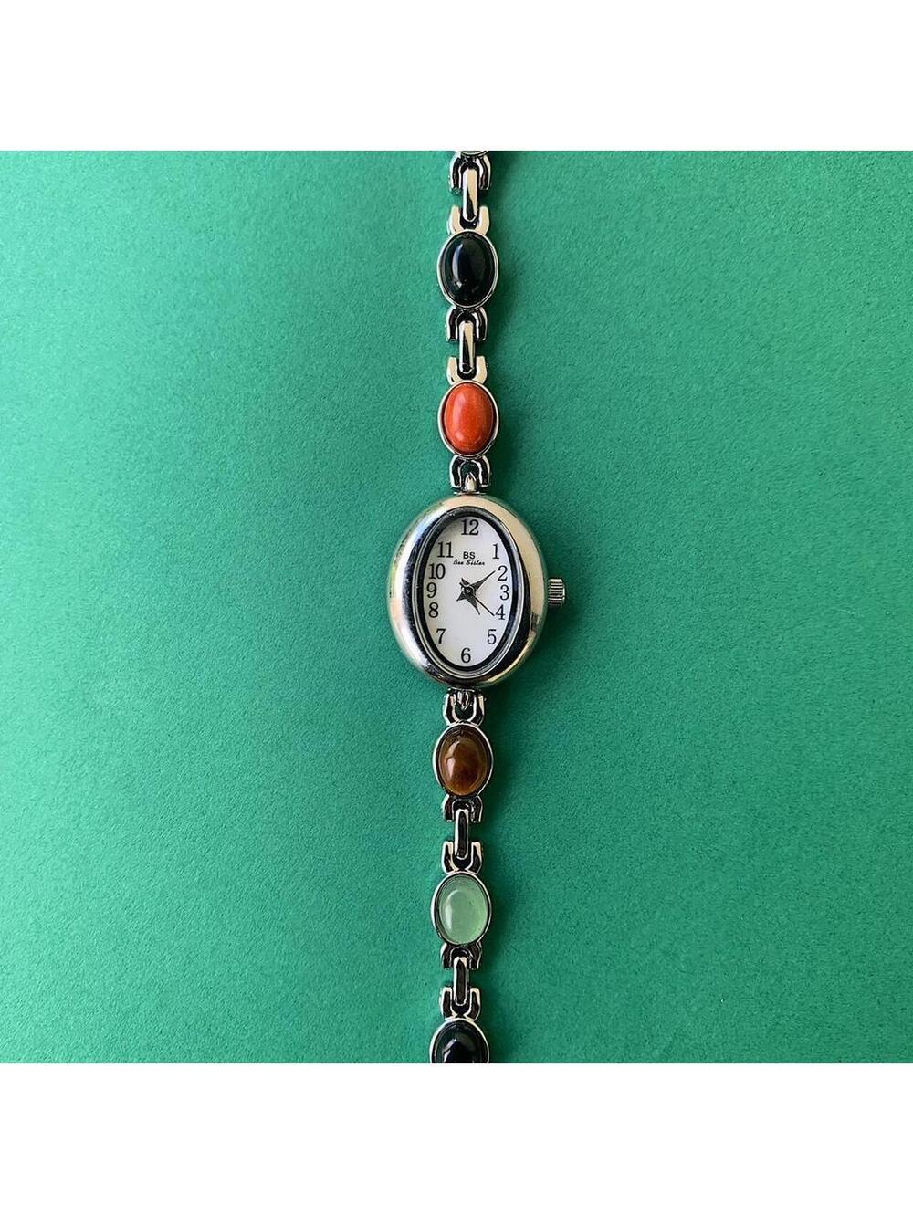 Y2k style silver tone quartz watch with glass multi color jade stone opal